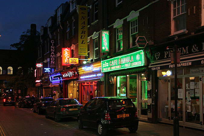 A line of "curry house" restaurants in Brick Lane